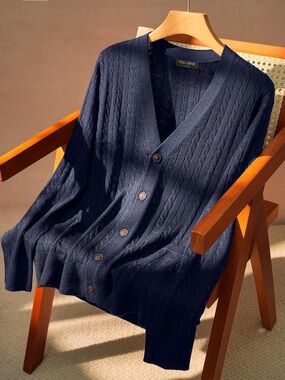 Men's Plus Size Wool Blend Preppy Academia Navy Cable-Knit V-Neck Cardigan 3XL